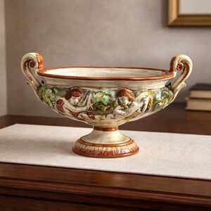 Capodimonte Ceramic Porcelain Style Pedestal Centerpiece Bowl Italy 14”x10”